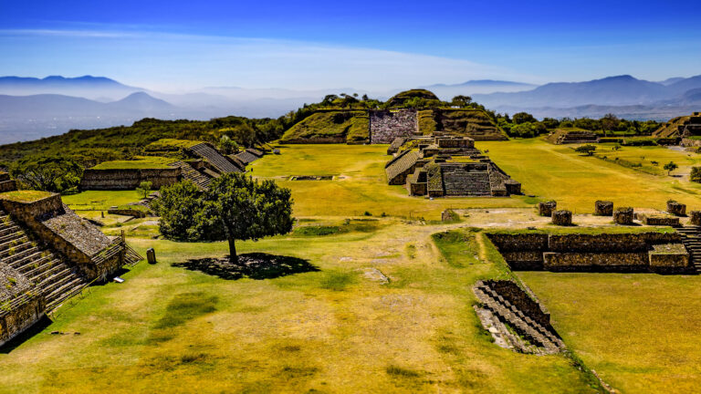 Mexico. Archaeological Site of Monte Alban (UNESCO World Heritage Site) - panoramic view from the North Platform